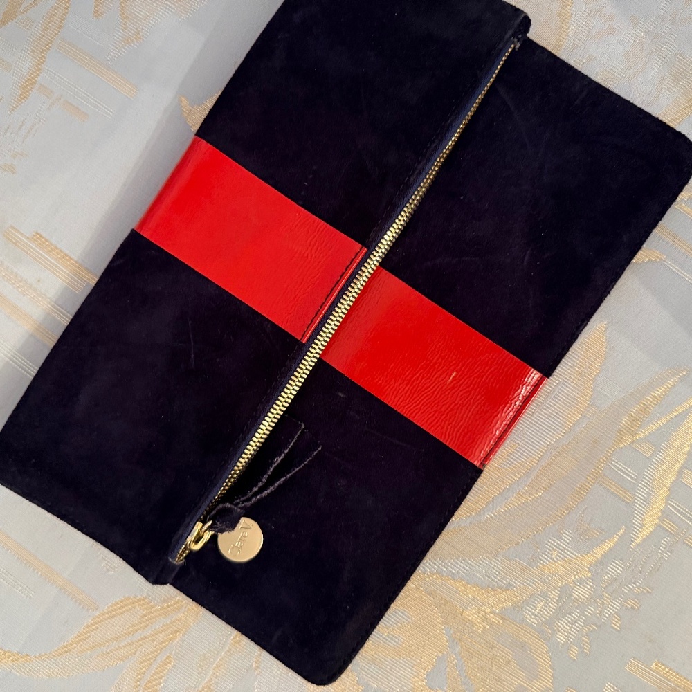 Clare V. Suede Navy and Red stripe fold over clutch